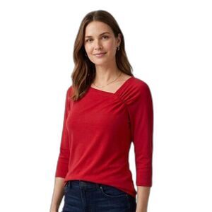 Merona Vibrant Red 3/4 Sleeve Top with Asymmetrical Ruched Neckline